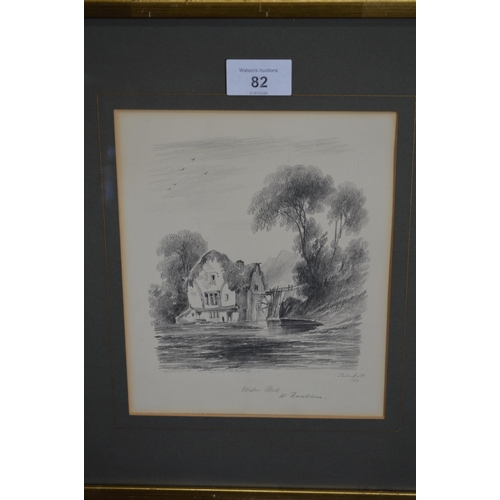 82 - John Ewbank (1799-1847), group of four pencil drawings of watermills, fishing boats and castle ruin ... 