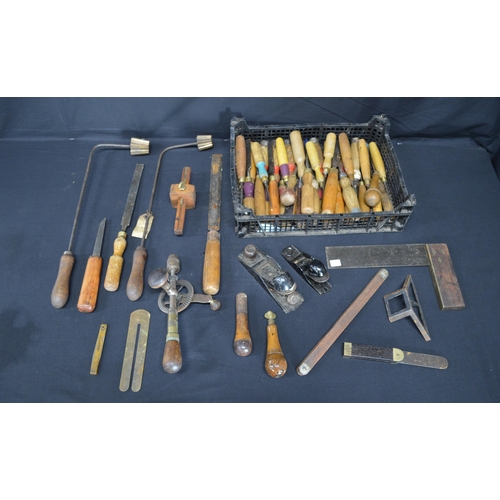 83 - Two boxes containing a quantity of vintage hand tools to include: chisels, wood planes, hand drill a... 