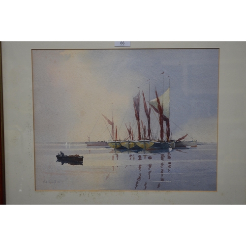 86 - Claude Murrills (1915-2006), watercolour titled Barges on the Orwell - 45cm x 35cm, mounted in glaze... 