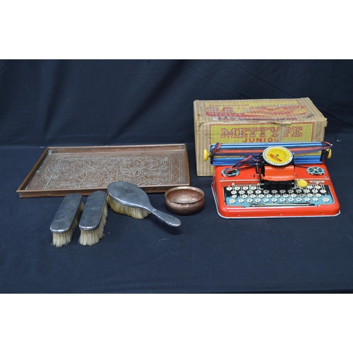 90 - Boxed Mettype Junior toy typewriter together with copper embossed serving tray, copper bowl and thre... 