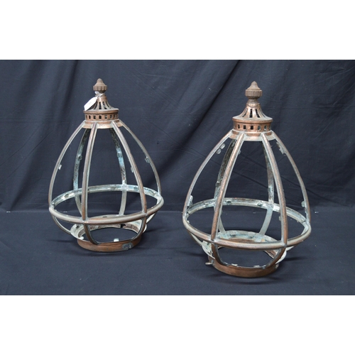 91 - Pair of copper lamp post tops/lanterns - 46cm tall (glass missing)