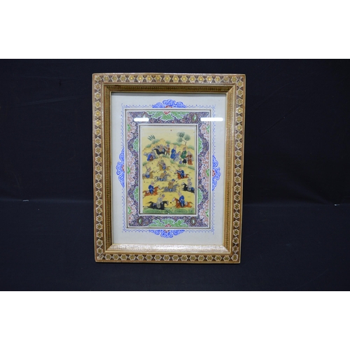 96 - Painting on silk of elephant polo scene - 23cm x 14cm, mounted in glazed gilt frame together with on... 