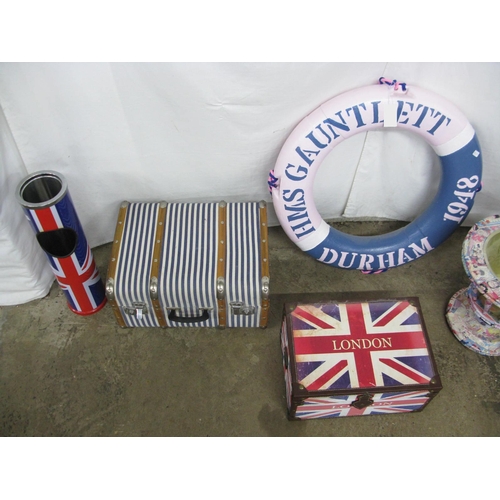 18 - Group of sundry items to comprise: painted Lifebuoy, two modern storage cases, wicker rocket basket,... 