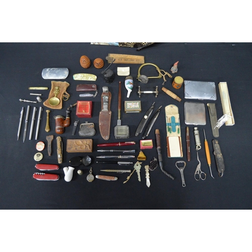 22 - Group of sundry items to include: pens, fans, micro mosaic table top matchbox holder and folding poc... 