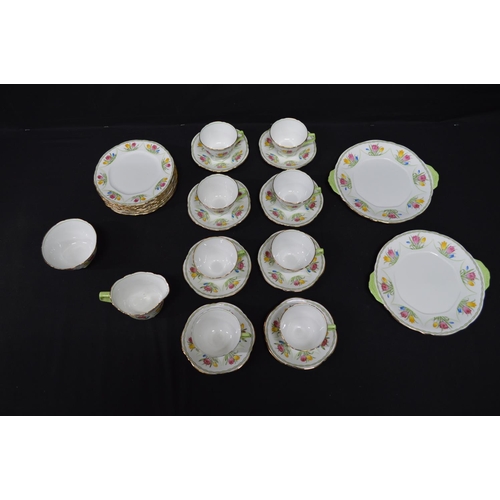 29 - Ansley bone china teaset having hand painted decoration of tulips and green & gilt borders to compri... 