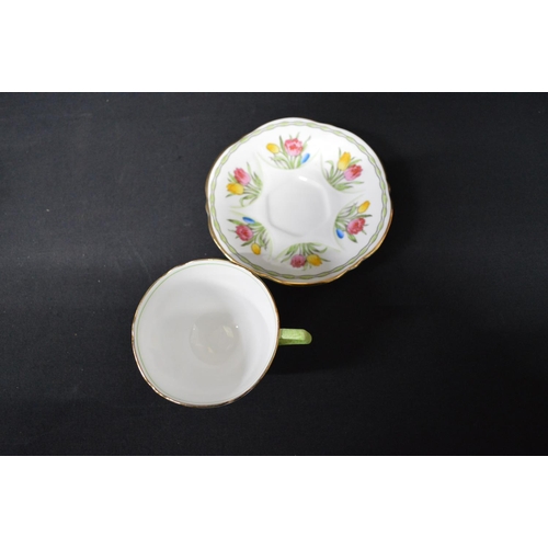 29 - Ansley bone china teaset having hand painted decoration of tulips and green & gilt borders to compri... 