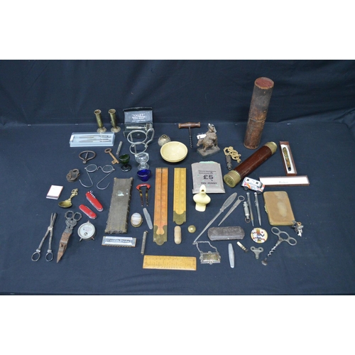 51 - Collection of sundry items to include: leather cased telescope, folding rules, candle snuffers and c... 