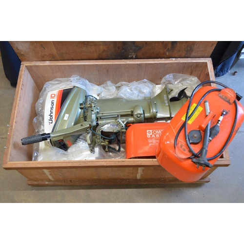 12 - Johnson 10 Workhorse outboard engine with two additional tanks and wooden transport crate (Sold as s... 