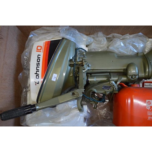 12 - Johnson 10 Workhorse outboard engine with two additional tanks and wooden transport crate (Sold as s... 