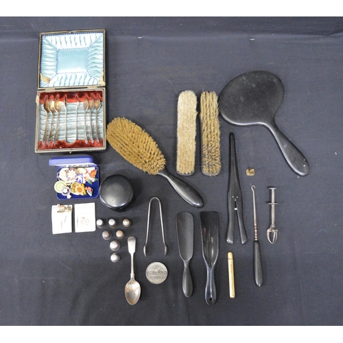 261 - Group of sundry items to include: pin badges, thimbles and spoons etc together with a group of ebony... 