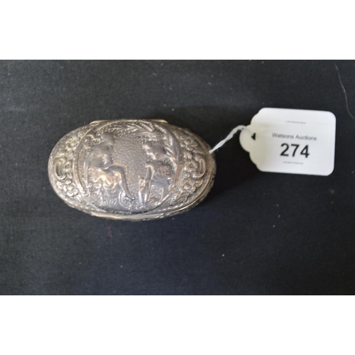 274 - Oval silver trinket box having embossed decoration of figures, hallmarked for Chester (2.1 ozt)