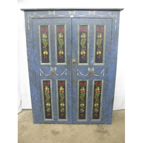 361 - Painted pine cupboard, the two panelled doors opening to six fixed shelves, the panels painted with ... 