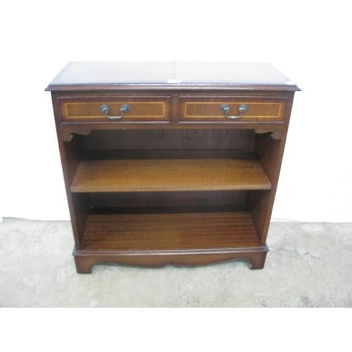 375 - Reproduction inlaid mahogany open bookshelves having two short drawers over single shelf, standing o... 