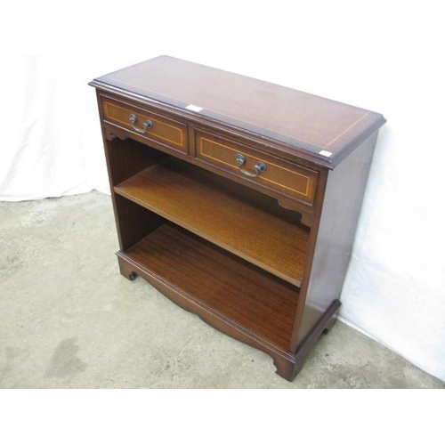 375 - Reproduction inlaid mahogany open bookshelves having two short drawers over single shelf, standing o... 