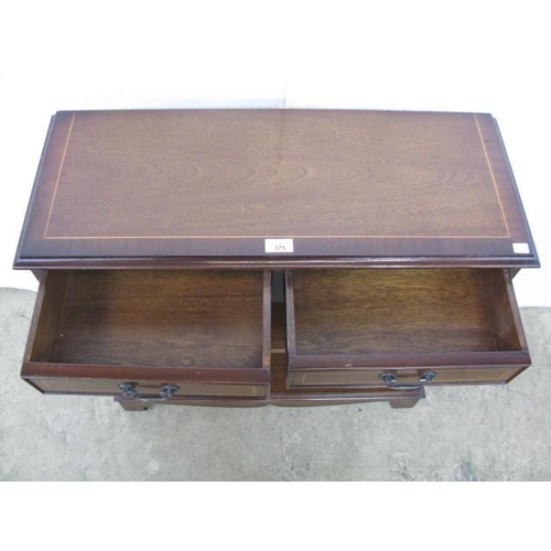 375 - Reproduction inlaid mahogany open bookshelves having two short drawers over single shelf, standing o... 