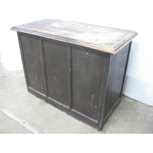 384 - Pine and ply shop counter, the rectangular top over an open back fitted with two shelves and having ... 