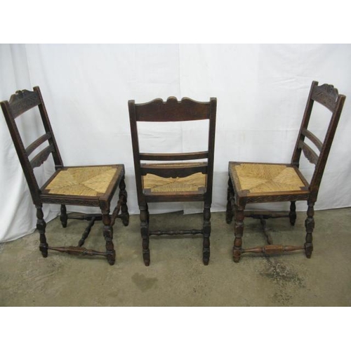 417 - Oak refectory table, the rectangular top standing on shaped pierced trestle legs with a hole and peg... 