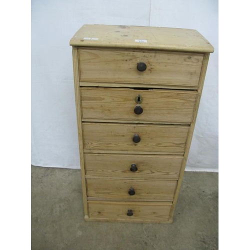 419 - Rustic pine chest of six drawers, standing on a plinth base - 47cm x 28cm x 94cm tall