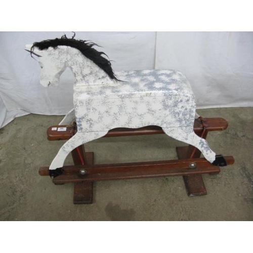 480 - White and grey painted wooden rocking horse, standing on a stained pine base - 91cm x 32cm x 79cm ta... 