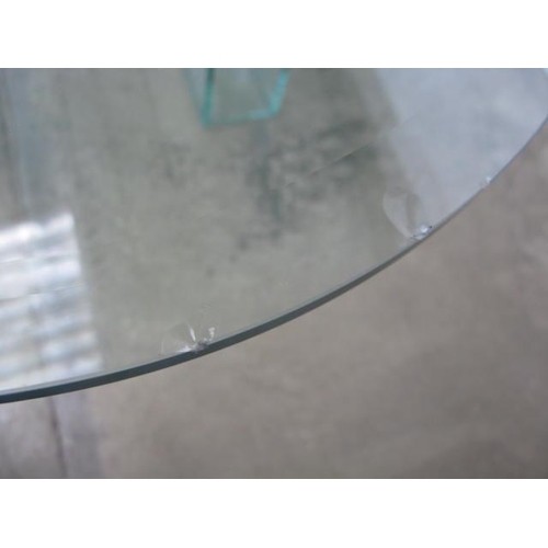 526 - Oval glass top dining table standing on two glass supports - 245cm x 108cm x 74cm tall (chips to edg... 