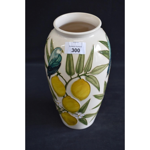 300 - Moorcroft pottery Finches Lemons pattern vase designed by Sally Tuffin - 25cm tall