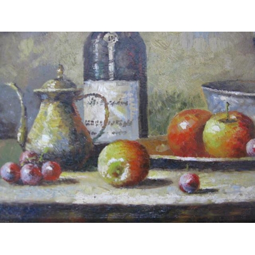 537 - Two oils on board, still life's of fruit and wine bottles, both unsigned - 39cm x 29cm each in gilt ... 