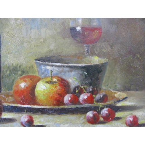 537 - Two oils on board, still life's of fruit and wine bottles, both unsigned - 39cm x 29cm each in gilt ... 