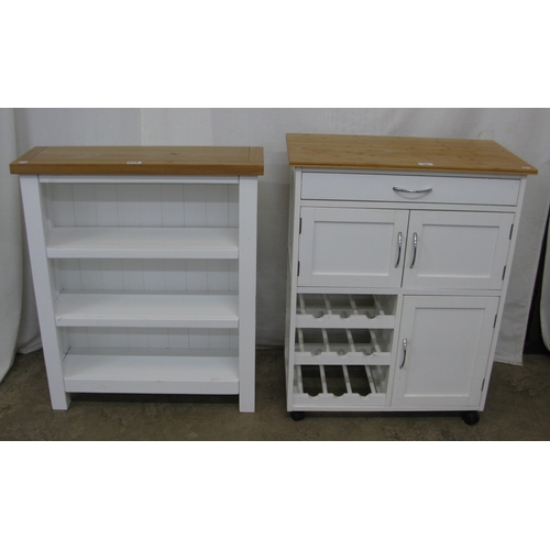 398 - Modern white kitchen island with three cupboards, a single drawer and a wine rack having pine top an... 