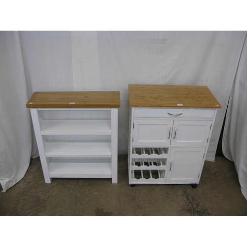 398 - Modern white kitchen island with three cupboards, a single drawer and a wine rack having pine top an... 