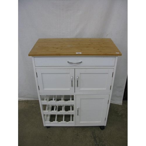 398 - Modern white kitchen island with three cupboards, a single drawer and a wine rack having pine top an... 