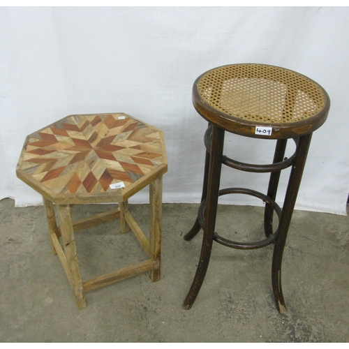 409 - Rustic octagonal parquetry top lamp table having square stretchered legs - 44cm x 44cm x 52.5cm tall... 