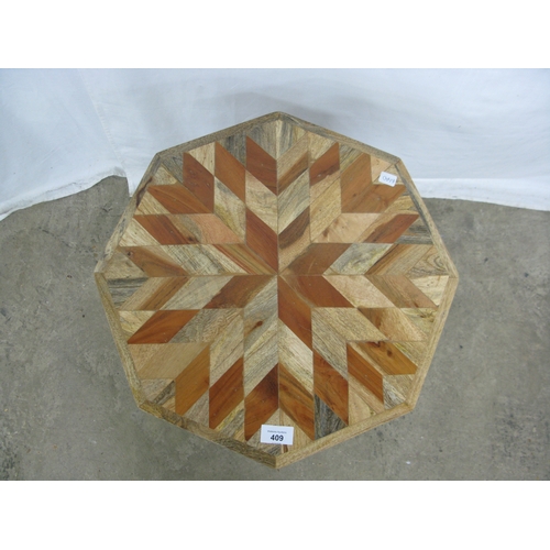 409 - Rustic octagonal parquetry top lamp table having square stretchered legs - 44cm x 44cm x 52.5cm tall... 