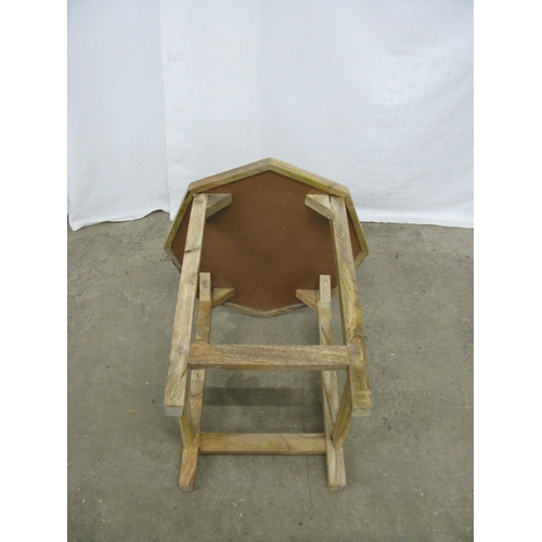409 - Rustic octagonal parquetry top lamp table having square stretchered legs - 44cm x 44cm x 52.5cm tall... 