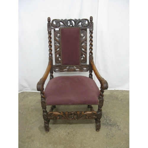 414 - Charles II walnut open armchair having padded back surmounted with putti and foliate carved framewor... 