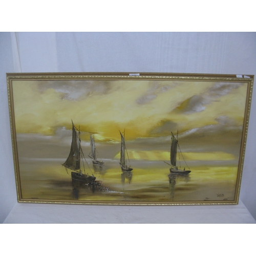 416 - Vashti (possibly Vashti Trudeau) oil on canvas of four sailing boats at sunset, signed bottom right ... 