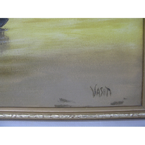 416 - Vashti (possibly Vashti Trudeau) oil on canvas of four sailing boats at sunset, signed bottom right ... 