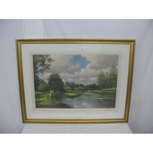 417 - Roy Thockold colour print of a fly fisherman, signed in pencil bottom right - 78cm x 54cm in glazed ... 