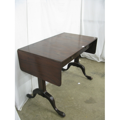 418 - Mahogany sofa table, the rectangular top with drop flap to each side having rounded corners over two... 