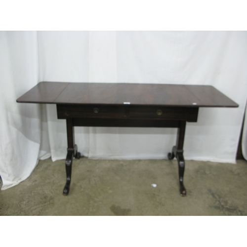 418 - Mahogany sofa table, the rectangular top with drop flap to each side having rounded corners over two... 