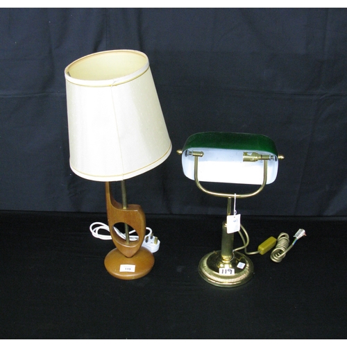 119 - Mid 20th century teak and brass table lamp together with a brass and green glass shade desk lamp