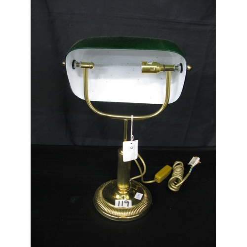 119 - Mid 20th century teak and brass table lamp together with a brass and green glass shade desk lamp