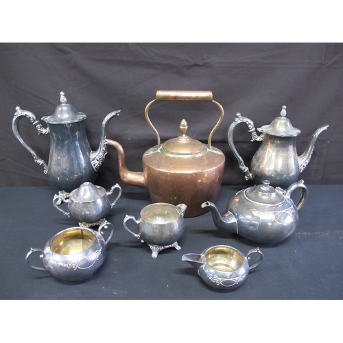 70 - Quantity of silver plate to include: two coffee pots, teapot etc together with a copper kettle