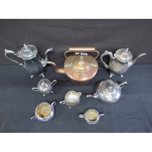 70 - Quantity of silver plate to include: two coffee pots, teapot etc together with a copper kettle