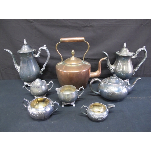 70 - Quantity of silver plate to include: two coffee pots, teapot etc together with a copper kettle