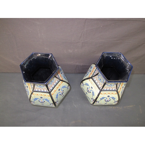 89 - Pair of Decor Exclusiv porcelain vases of hexagonal shape with colourful raised hand painted and flo... 