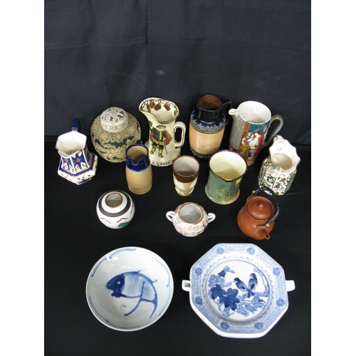 61 - Group of items to include: ginger jar, Beswick Romeo & Juliet jug, Masons Applique jug and a Royal D... 