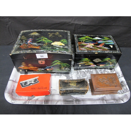 64 - Group of items to include: two Oriental black lacquered inlaid Mother of Pearl musical jewellery box... 