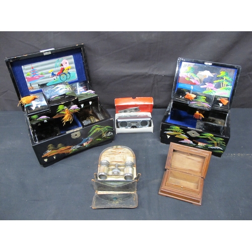 64 - Group of items to include: two Oriental black lacquered inlaid Mother of Pearl musical jewellery box... 