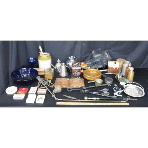 66 - Group of items to include: ice skates, tins, silver plate and stoneware bottles
