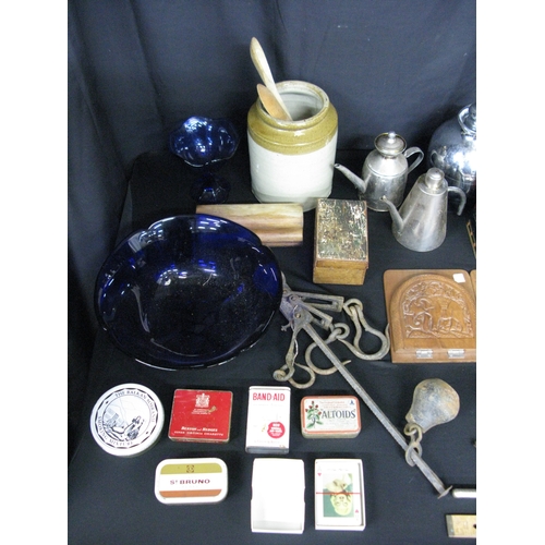 66 - Group of items to include: ice skates, tins, silver plate and stoneware bottles